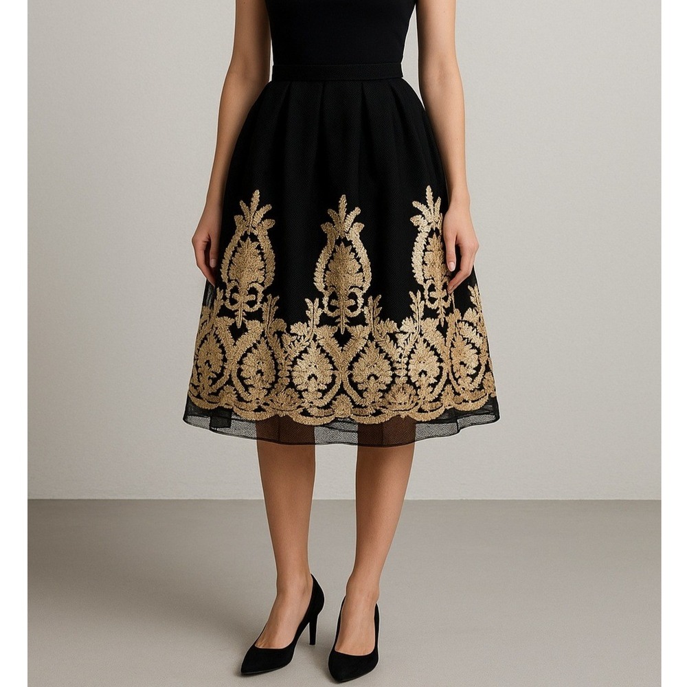 Baroque Mesh Full Skirt Womens Small Gold Applique Hem A-Line  Statement Royal